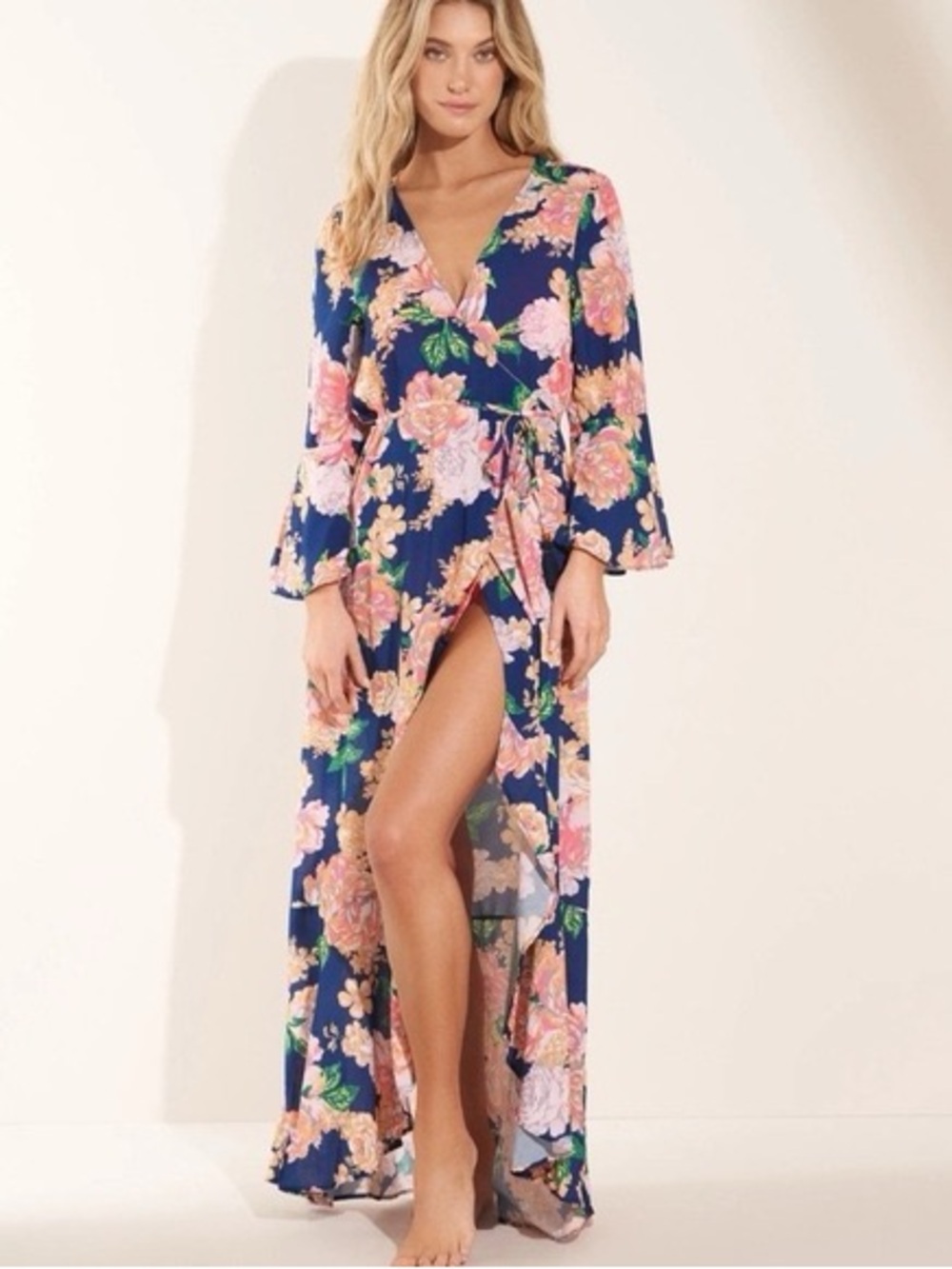 Maaji Floral Lotus Maxi Kimono Cover Up Size L Navy Floral Resort